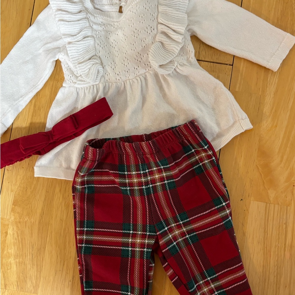 White Ruffled Top and Red Plaid Pants Set